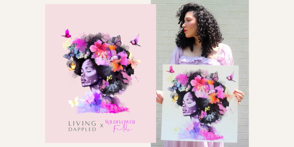Artwork featuring a woman with vitiligo surrounded by wildflowers and butterflies. Next to the graphic artwork is a picture of a woman holding the artwork on a printed paper.